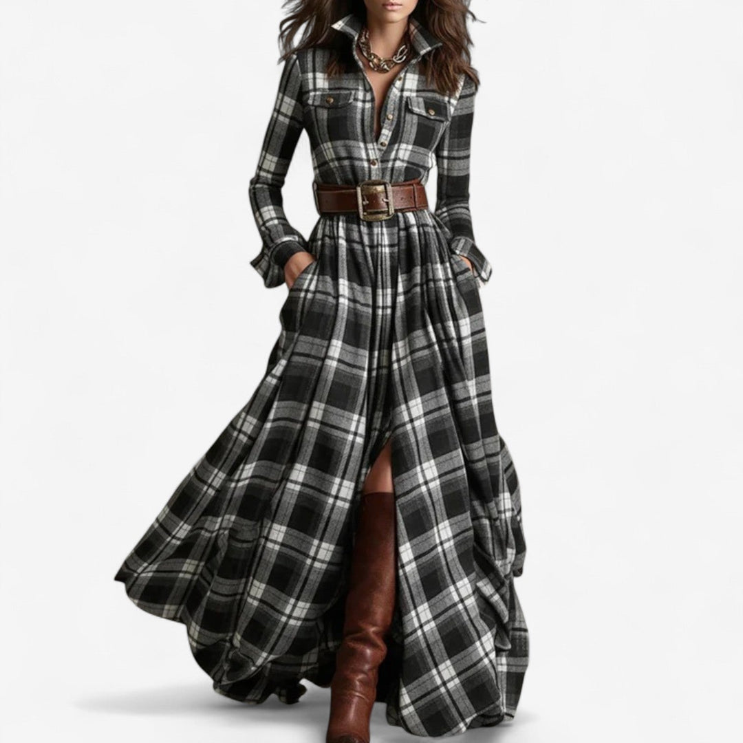 Amelia Barbara™ | Timeless Checkered Maxi Dress + free belt
