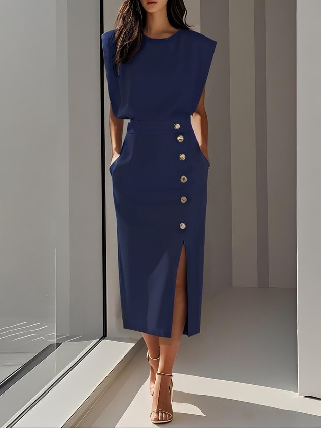 Amelia Marlene™ | Solid Midi Dress with Button Slit and Round Neckline